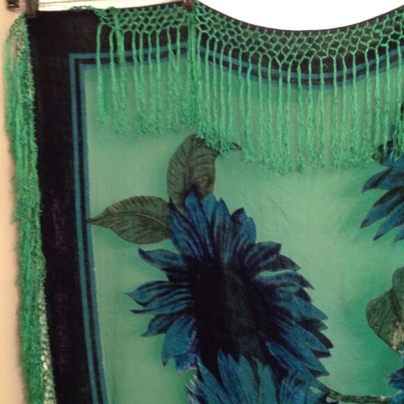 Stunning Aris A Silk Velvet Sunflowers Blue Green Tassel Edge Square Wrap Scarf - Picture 6 of 16